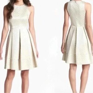 NWT Eliza J Ivory Gold Metallic Jacquard Fit & Flare Dress Pink Lining 4P